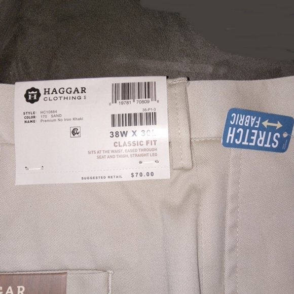 Haggar Clothing Classic Fit Flat Front Sand Khaki Premium No Iron Pants 38W 30L - Picture 3 of 7